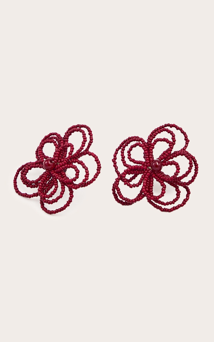 Boucles d'oreilles imposantes bordeaux en fleurs à perles image 3