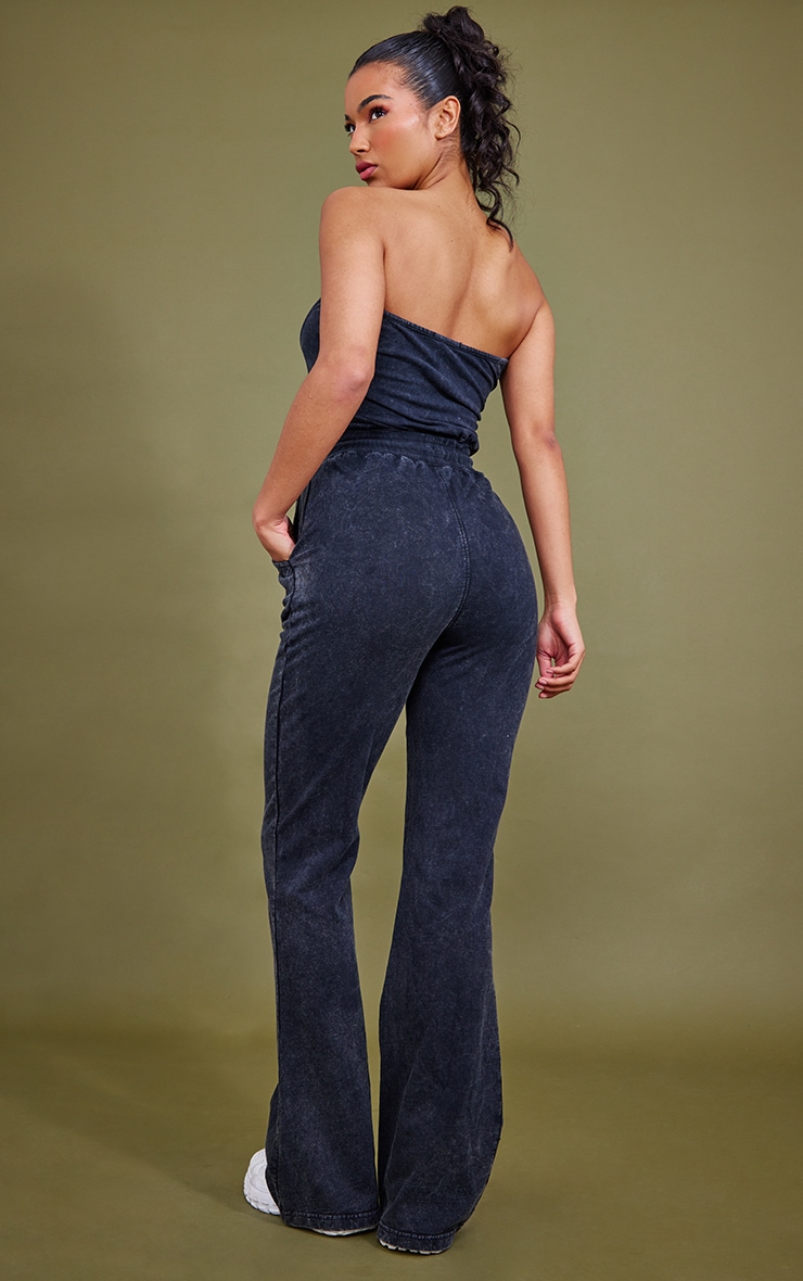 Black Acid Wash Bandeau Cup Detail Sweat Jumpsuit image 2