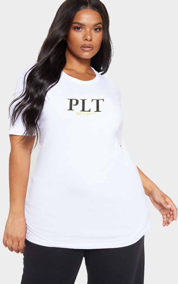 Prettylittlething Plus White Embroidered T Shirt PrettyLittleThing