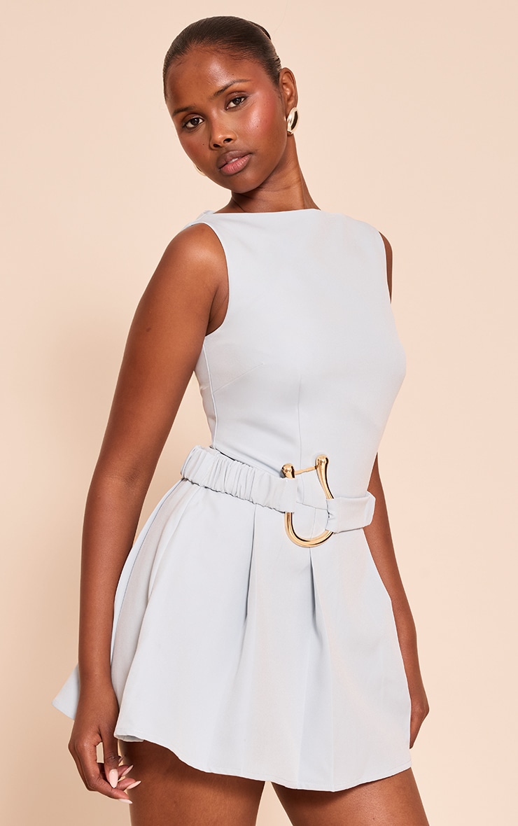 Dusty Blue Woven Belt Detail Pleated Shift Dress image 3