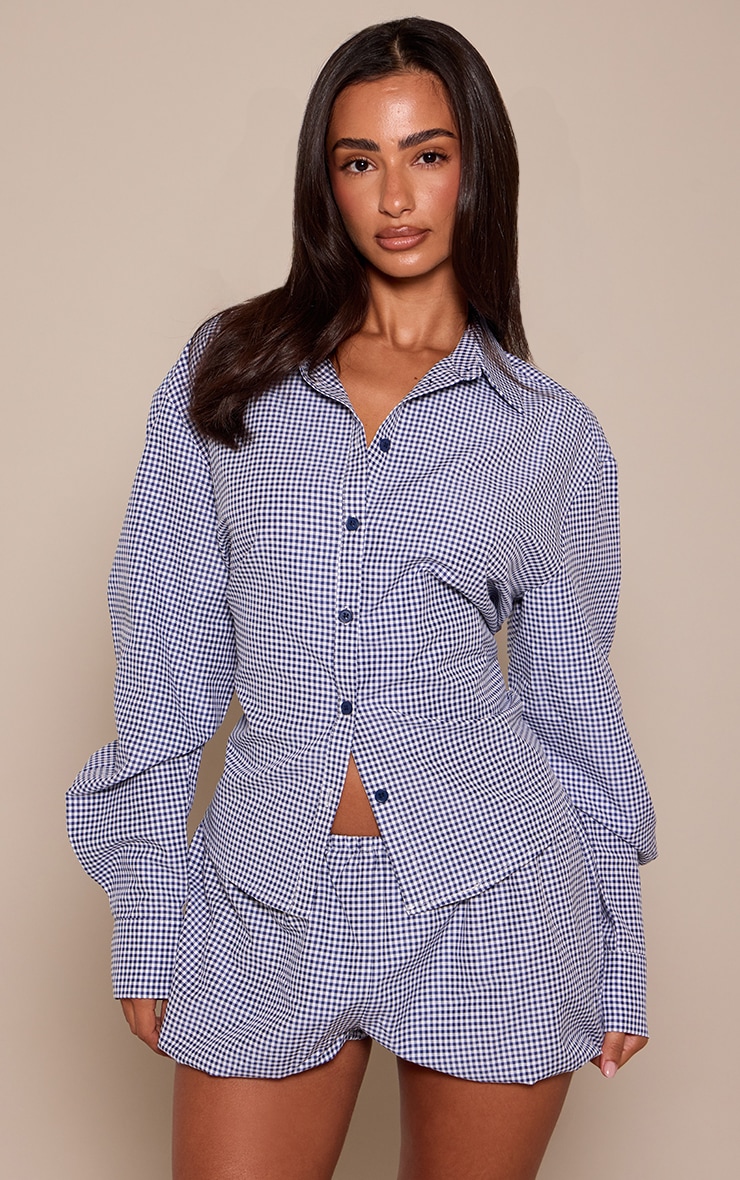 Petite Navy Check Tie Back Cinched Shirt  image 1