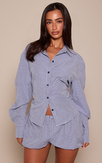 Petite Navy Check Tie Back Cinched Shirt