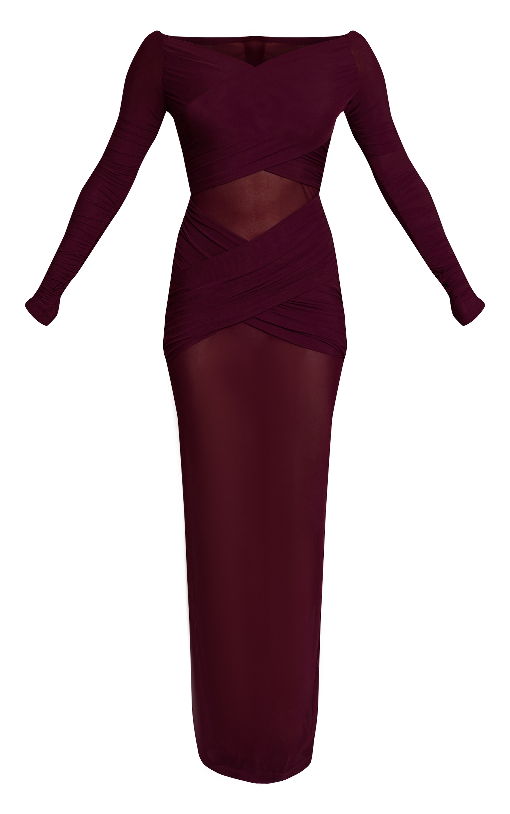 Robe longue en mesh prune froncée à col bardot et parties superposées image 5