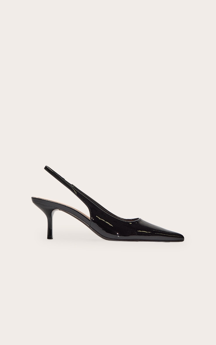 Escarpins pointus en PU verni noir à talon moyen et bride derrière image 1