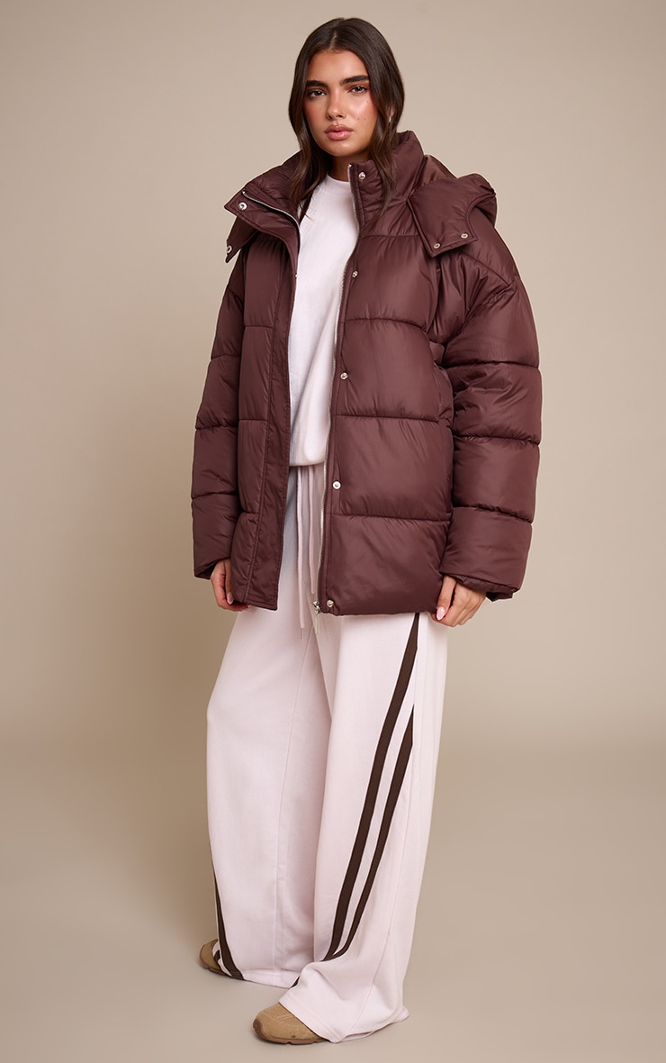 Chocolate Brown Oversized Hooded Puffer Jacket image 3