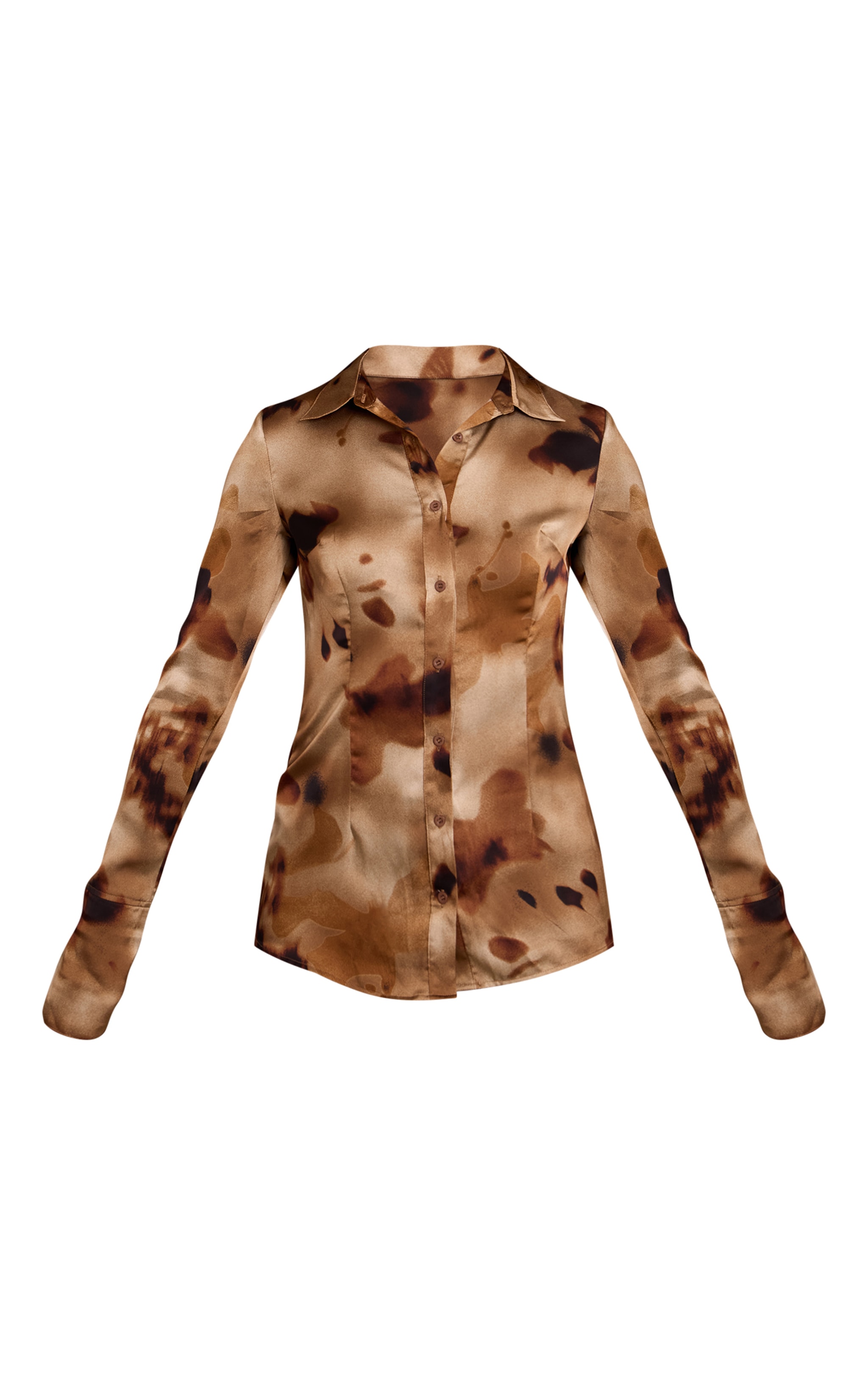 Brown Floral Abstract Print Satin Fitted Shirt image 5