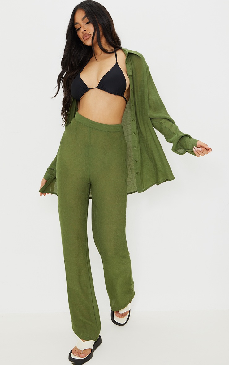 Pantalon de plage ample kaki effet lin
