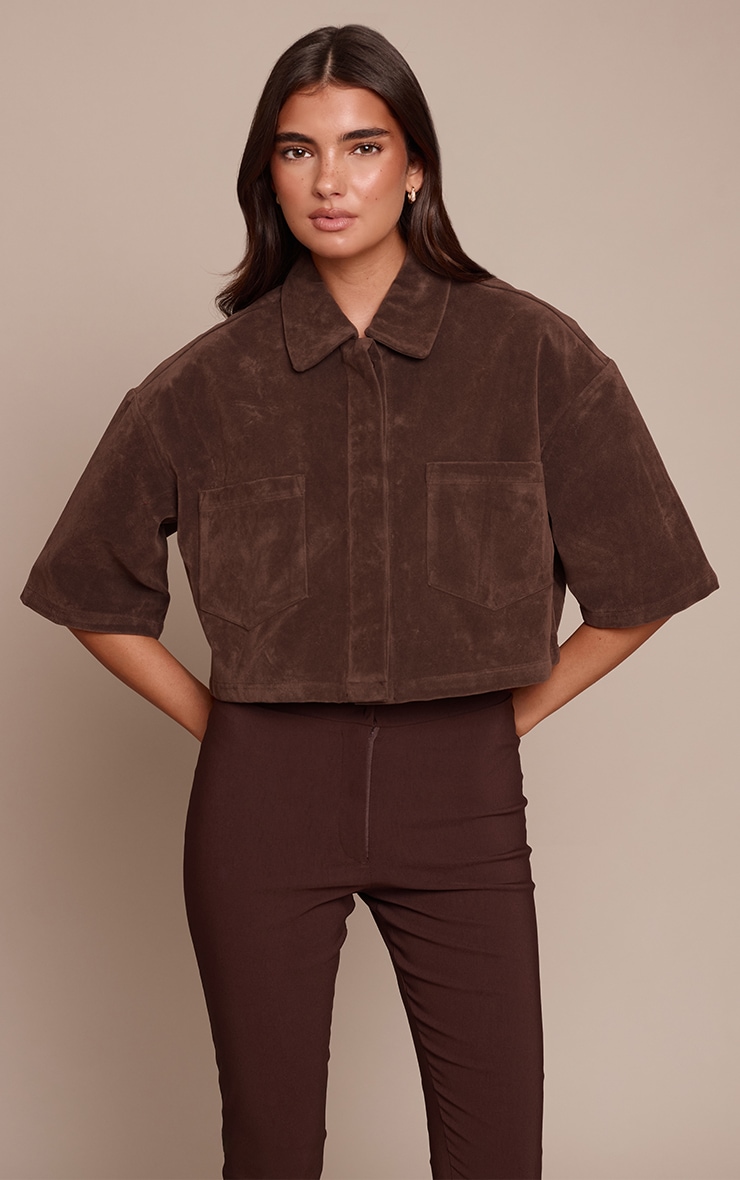 Chocolate Faux Suede Oversized Cropped Shirt