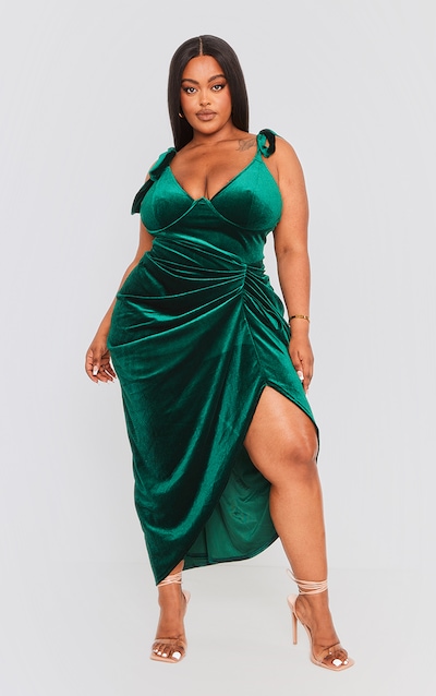 Plus Emerald Green Velvet Underwire Detail Draped Midi Dress