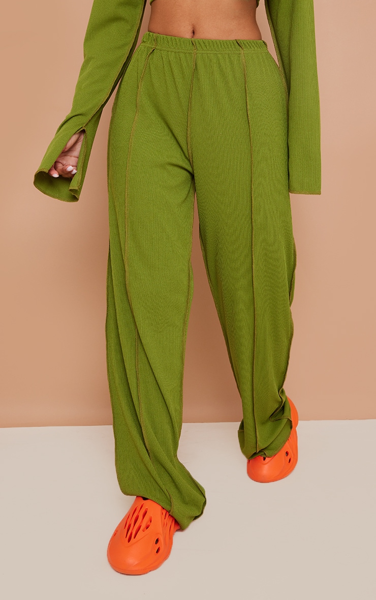 Petite Olive Ribbed Seam Detail High Waisted Wide Leg Pants image 2