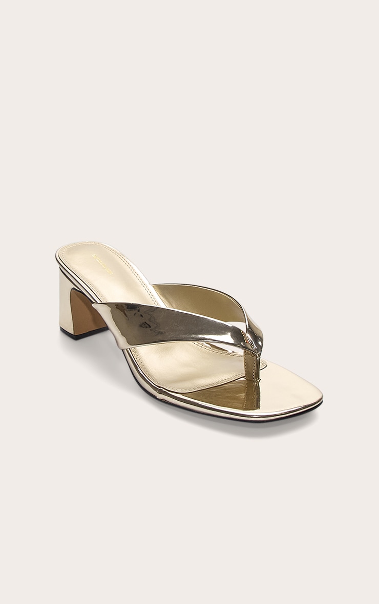 Gold Pu Round Toe Thong Mid Block Heeled Mules image 2