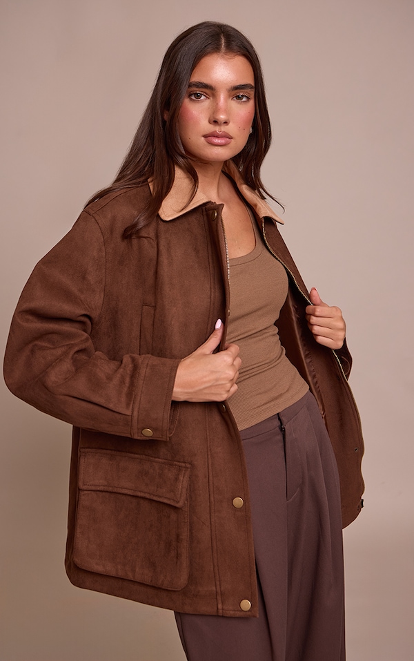 Chocolate Oversized Pocket Detail Contrast Collar Jacket