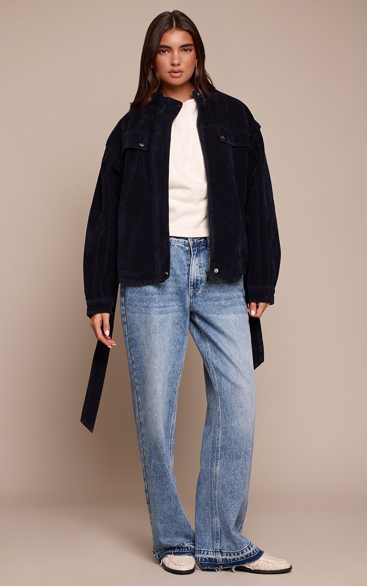 Navy Faux Suede Belted Drop Waist Jacket image 3