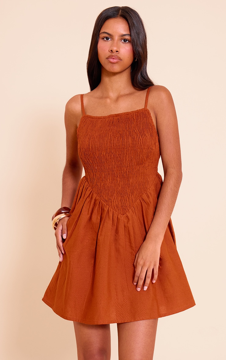 Petite Rust Spaghetti Strap Shirred Bodice Shift Dress image 1