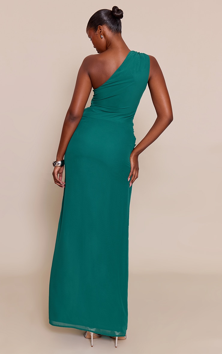 Robe longue en mousseline de soie vert émeraude froncée à épaule unique image 2