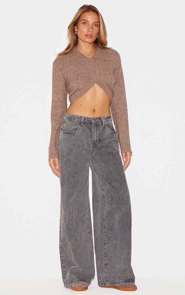 Chocolate Marl Soft Rib Knit Crop Collar Detail Top image 3