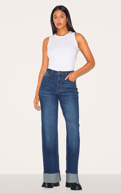 Tall Dark Indigo Mid Rise Distressed Turn Up Hem Jeans