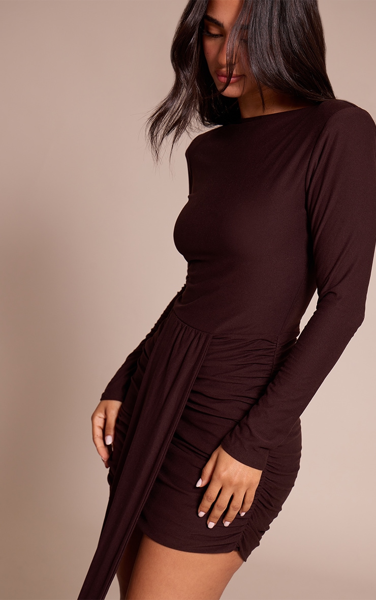 Petite Chocolate Slinky Ruched Drape Detail Long Sleeve Dress image 4