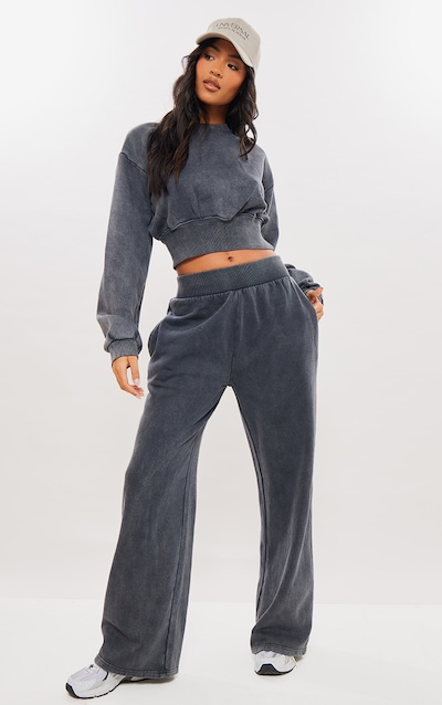 Tall Washed Charcoal Wide Leg Track Pants
