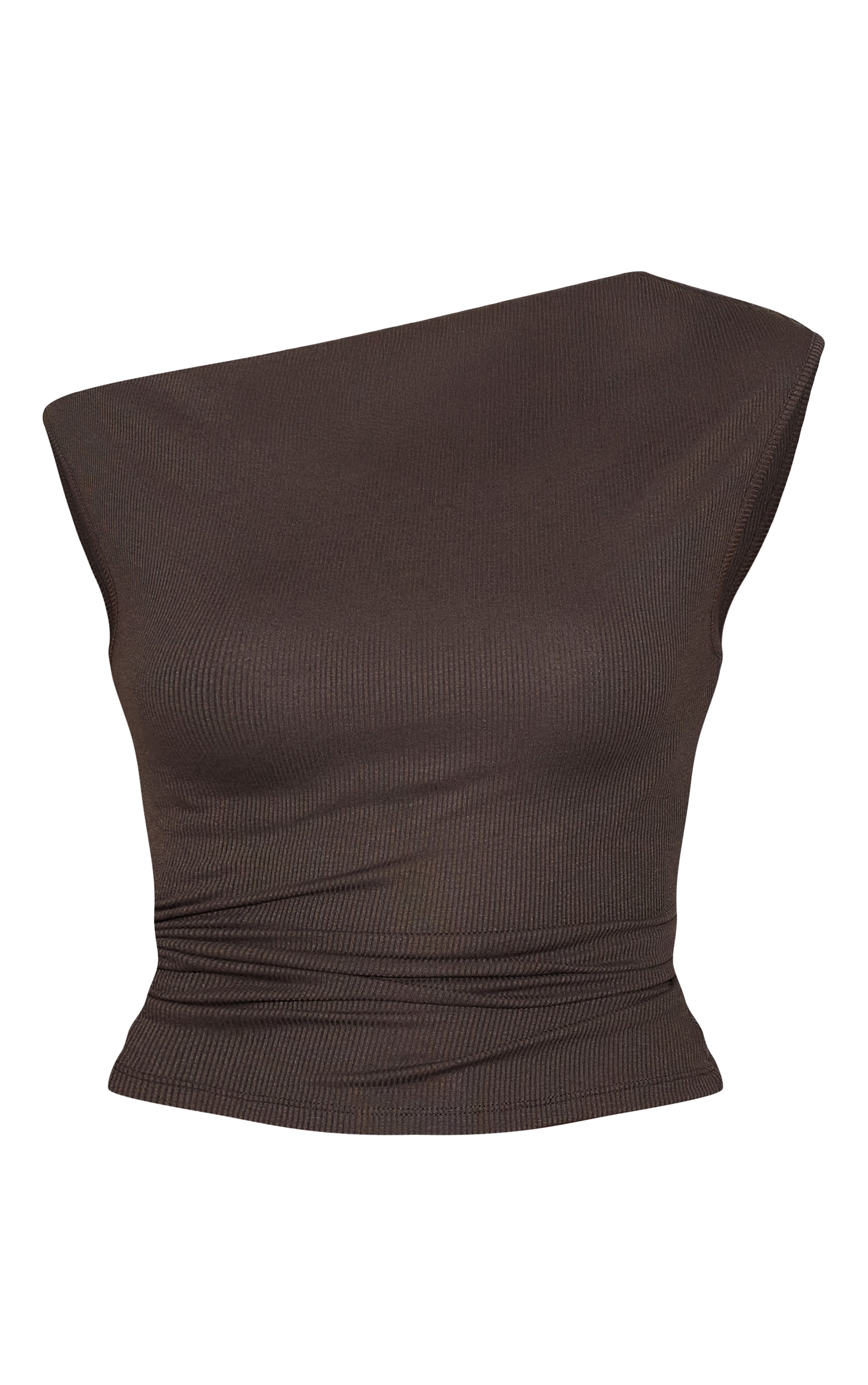 Haut sans manches en maille tricot côtelée douce à détail drapé asymétrique chocolat noir image 5