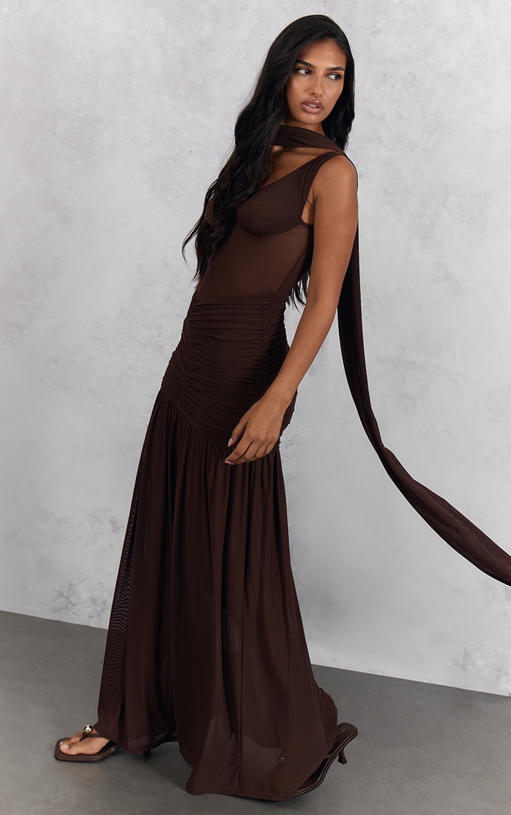 Robe mi-longue Mesh à détail foulard Chocolat image 3