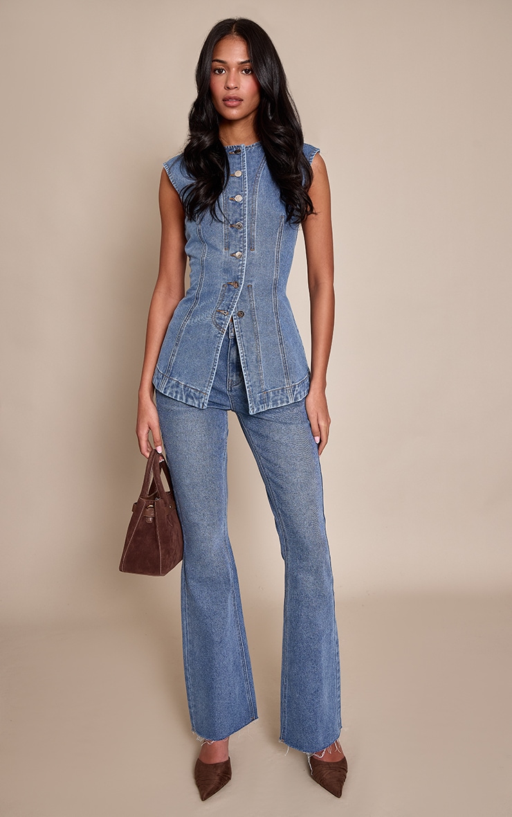 Tall Mid Blue Indigo Longline Sleeveless Denim Top image 3