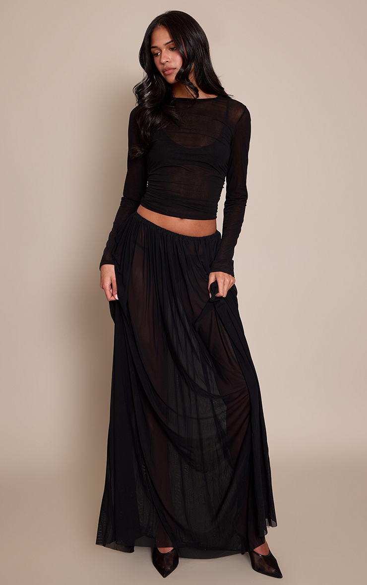 Tall Black Mesh Drape Maxi Skirt image 1