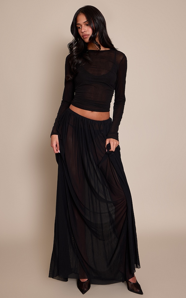 Tall Black Mesh Drape Maxi Skirt