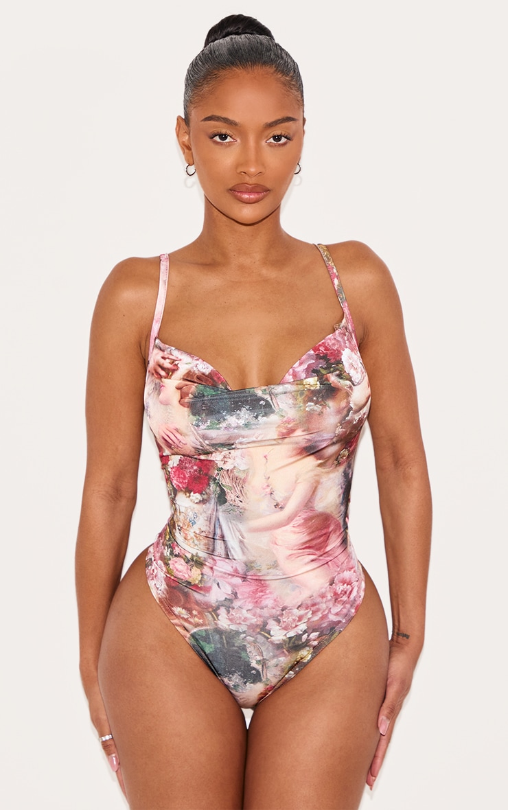 Shape Rose Femme Renaissance Print Slinky Cowl Neck Bodysuit image 2