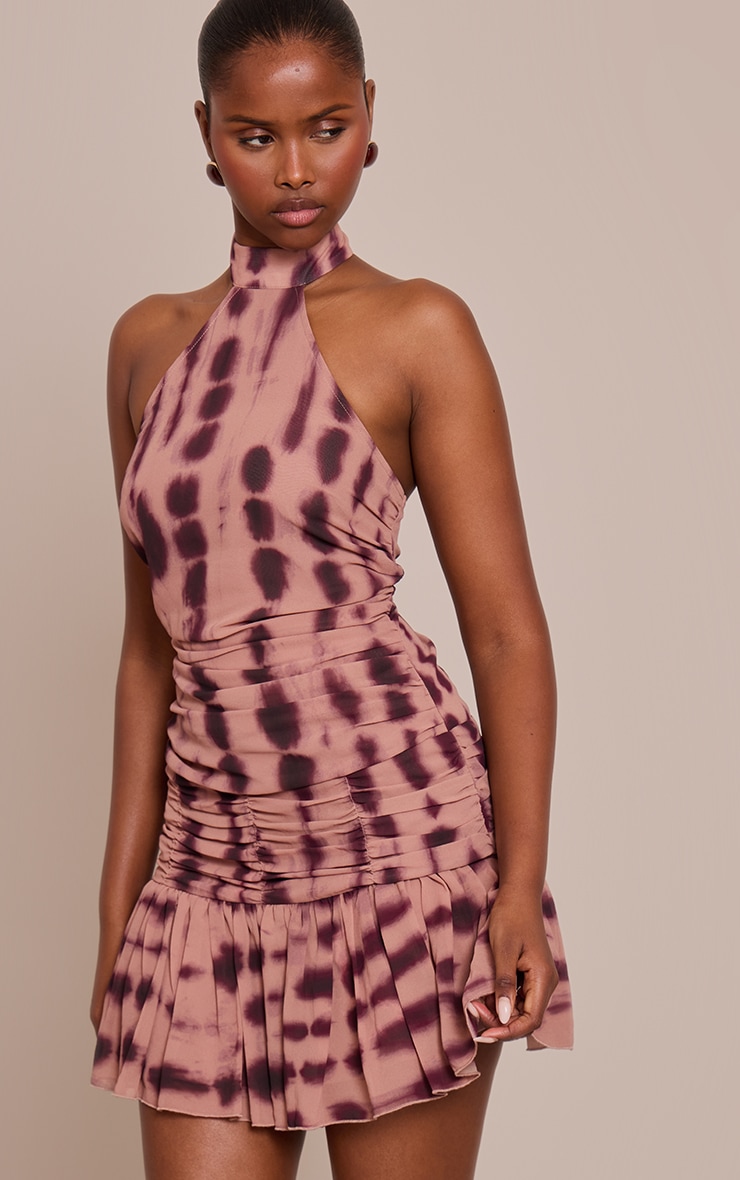 Grey Abstract Print Chiffon Halter Neck Mini Shift Dress image 4