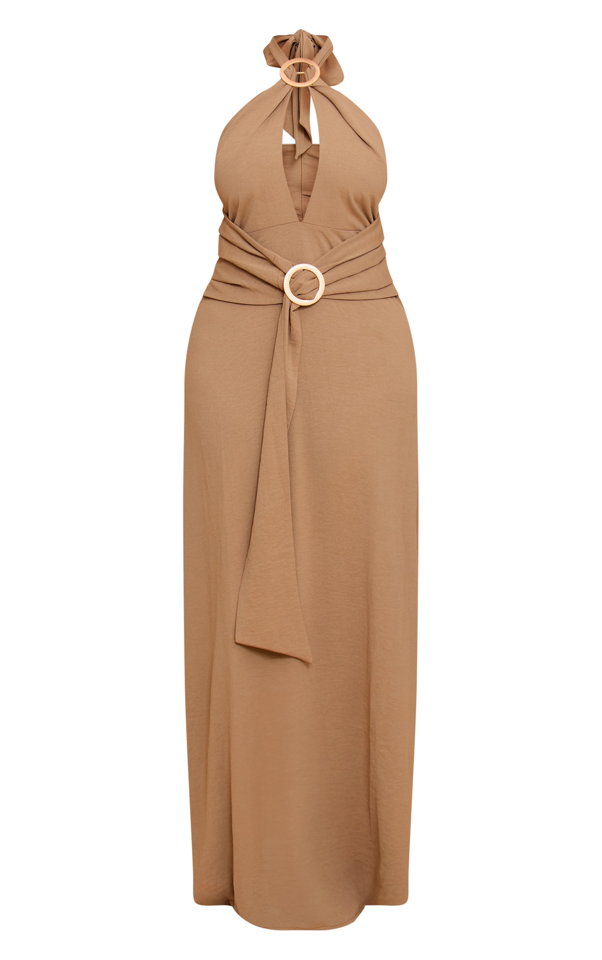 Shape Khaki Hammered Satin Ring Detail Halter Maxi Dress image 5