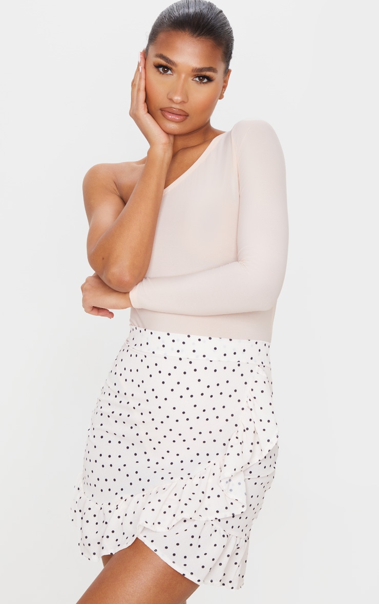Nude Polka Dot Frill Hem Wrap Mini Skirt