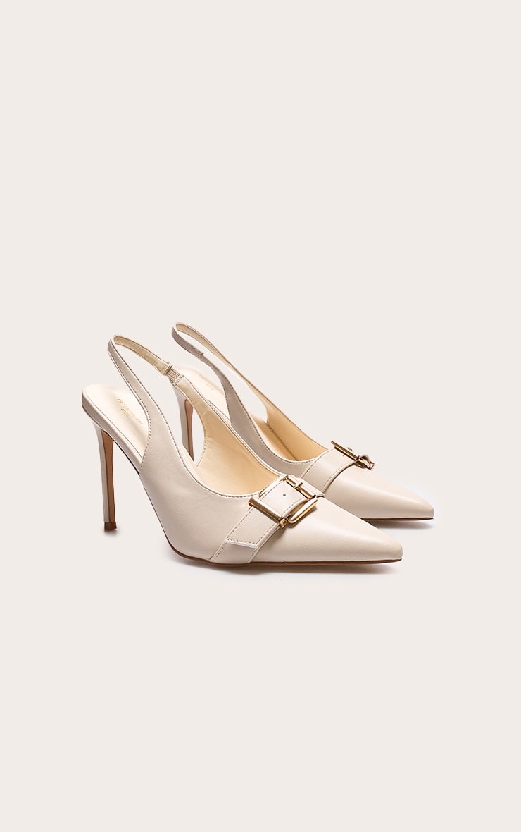 Cream PU Wide Fit Buckle Detail Stiletto High Heel Sling Back Court Heels image 2