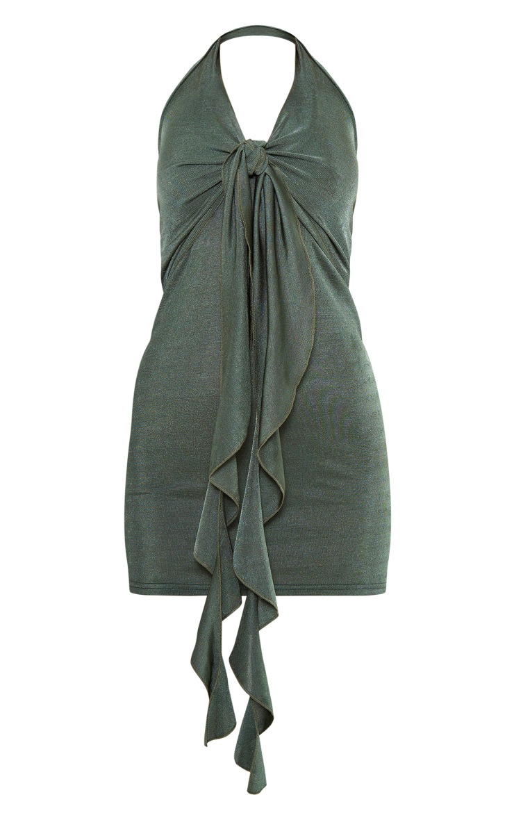 Khaki Acetate Slinky Knot Halterneck Bodycon Dress | Dresses