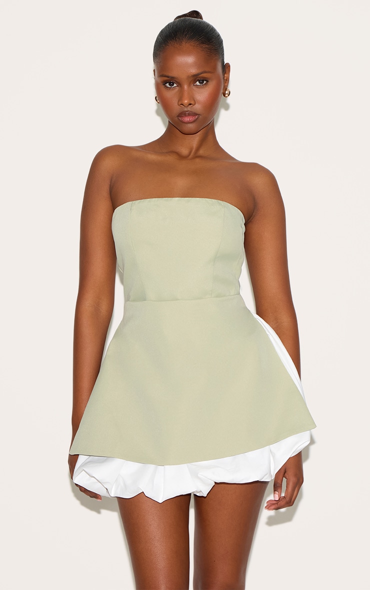 Sage Green Tailored Bandeau Puffball Hem Shift Dress image 1