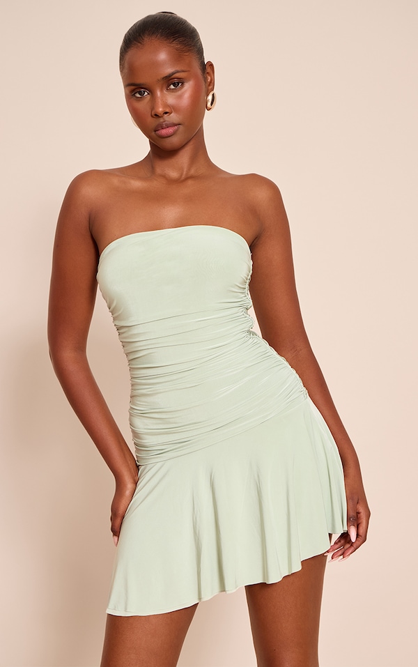 Sage Double Layer Slinky Bandeau Ruched Shift Dress
