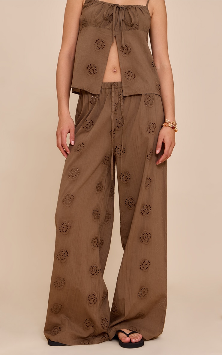 Brown Broderie Swirl Detail Straight Leg Pants image 2