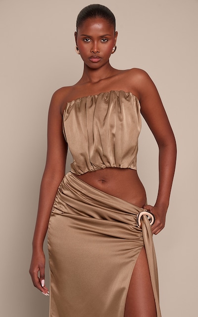 Golden Olive Satin Ruched Bandeau Top