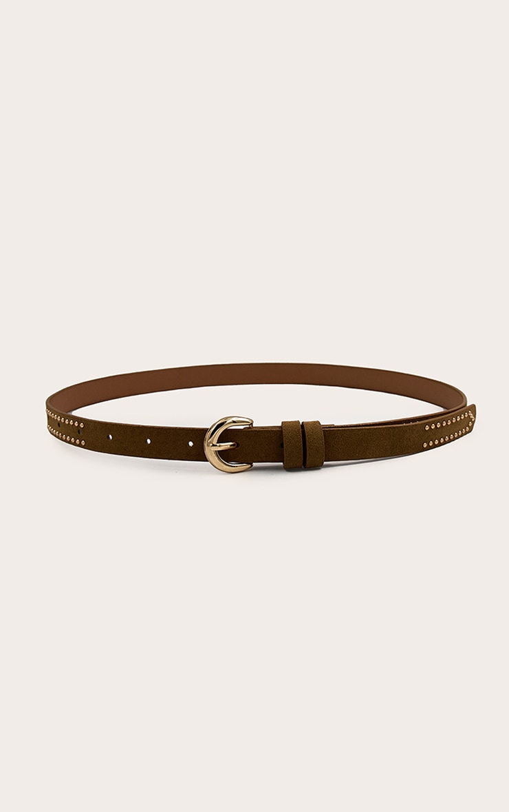 Tan Faux Suede Studded Skinny Belt image 2