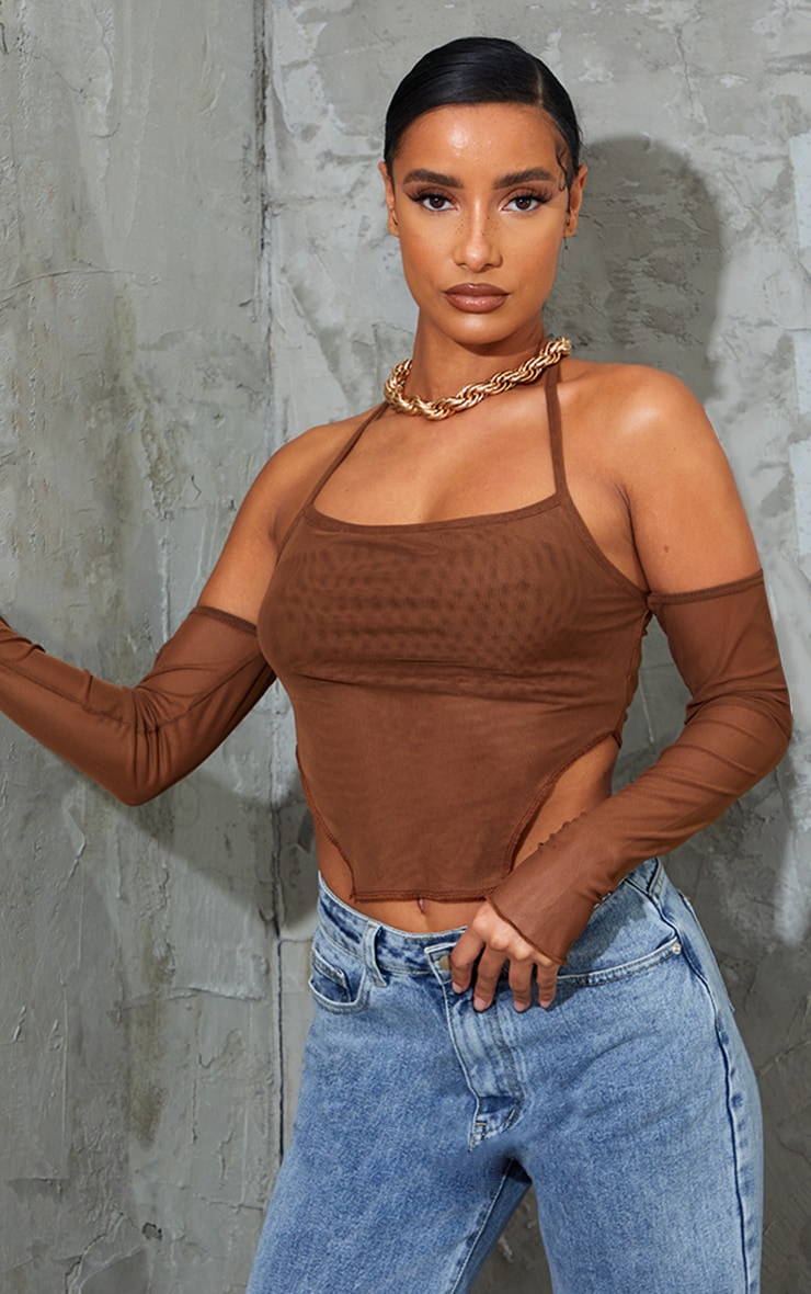 Crop top dos nu chocolat en mesh à manches longues et ourlet carré image 1