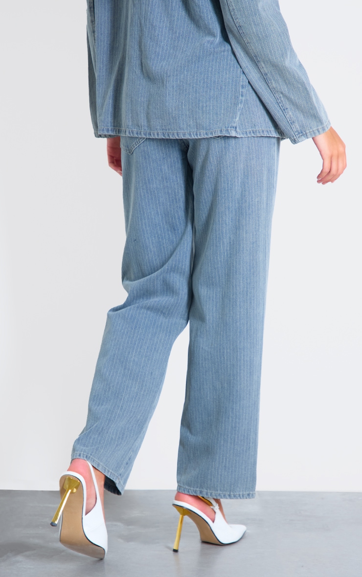 Washed Blue Pinstripe Lightweight Denim Boyfriend Straight Leg Jeans image 3