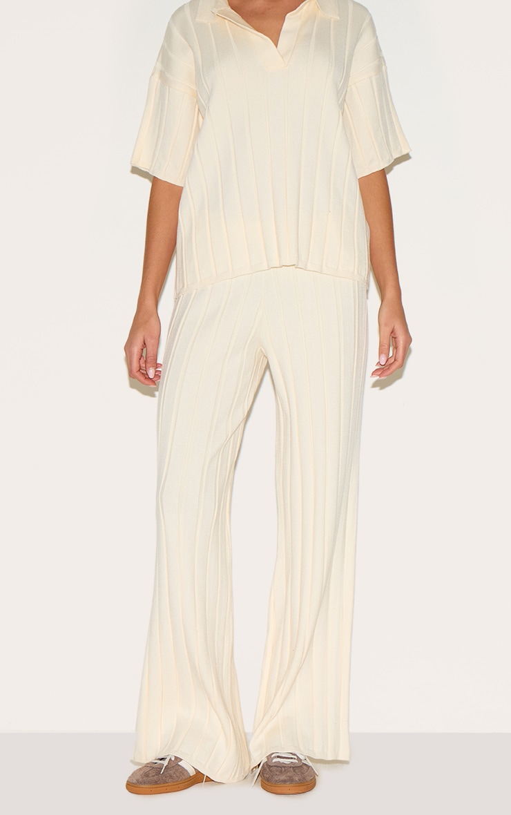 Pantalon large en maille tricot côtelée crème image 2