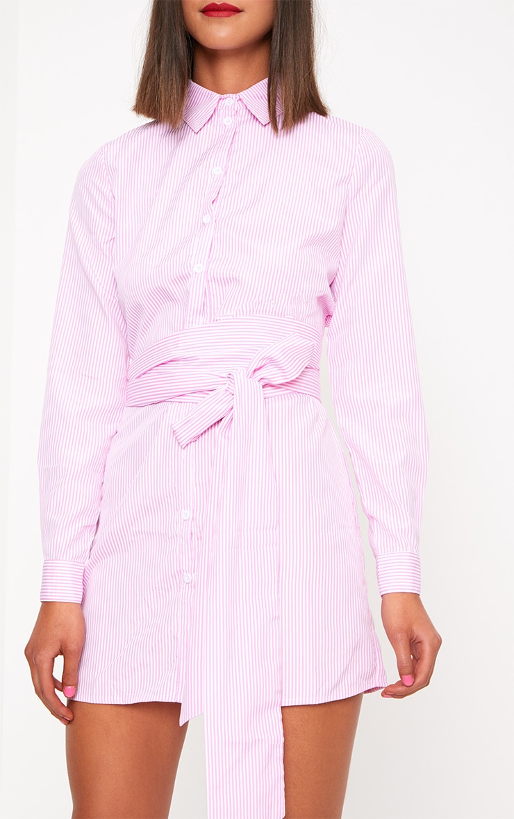 Pink Pinstripe Tie Waist Shirt Dress PrettyLittleThing