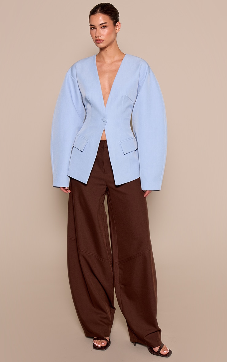 Pale Blue Cocoon Sleeve Cinched Waist Pocket Blazer image 3