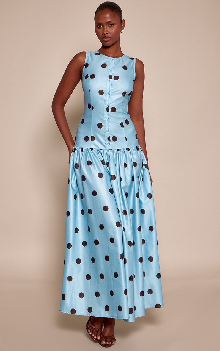 Blue Polka Dot Button Down Drop Waist Maxi Dress