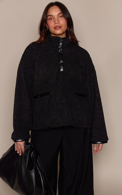 Plus Black Hooded Fleece Pull Over Sweater