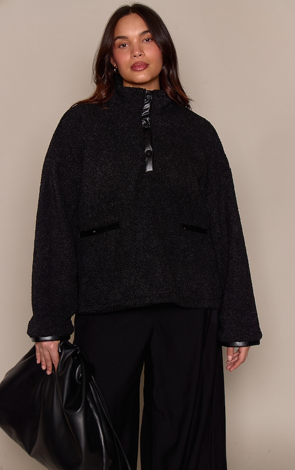 Plus Black Hooded Fleece Pull Over Sweater