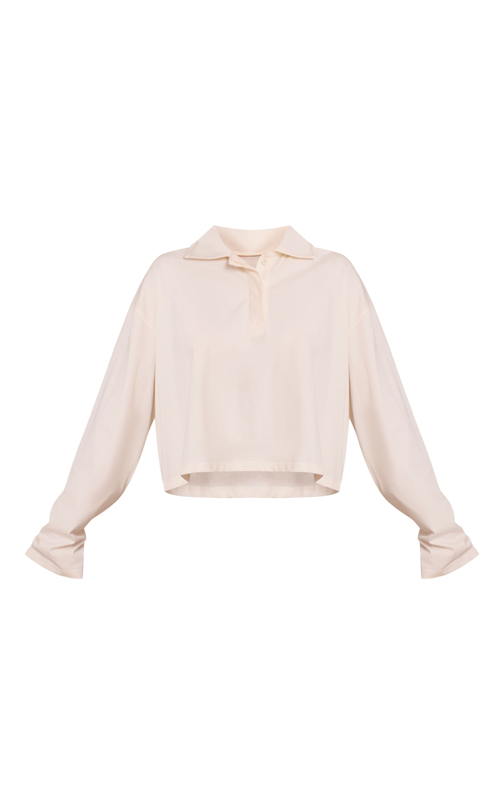 Cream Cotton Polo Collar Long Sleeve Cropped Top image 5
