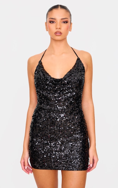 Black Sequin Tie Cowl Halter Neck Bodycon Dress