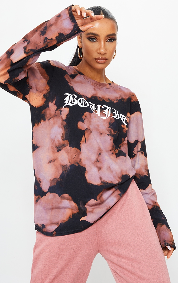 Purple Acid Wash Boujie Printed Long Sleeve T Shirt